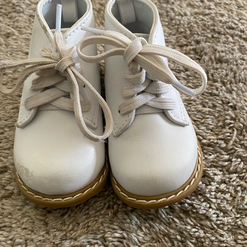 White and Tan Leather Boots with Lace-Up Design